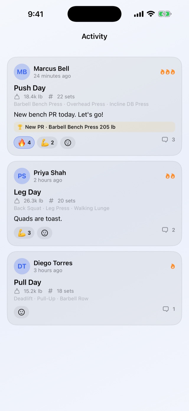 A friend activity feed of recent workouts and PRs.